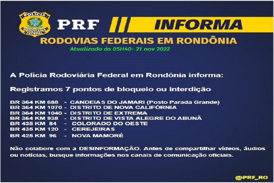 Rondônia ainda tem sete bloqueios em rodovias federais