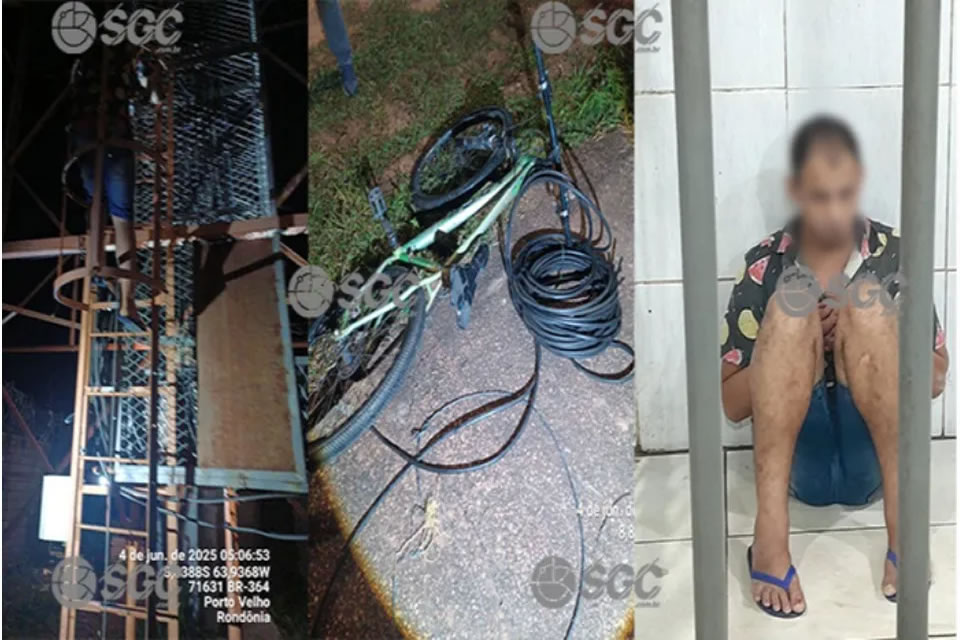 Homem é preso após escalar torre de 50 metros para furtar cabos em Porto Velho