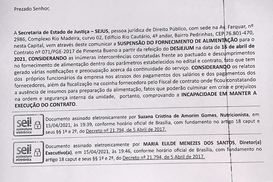 Contratos de refeições da Sejus para fornecimento de comida a presídios estão sob suspeitas em Porto Velho