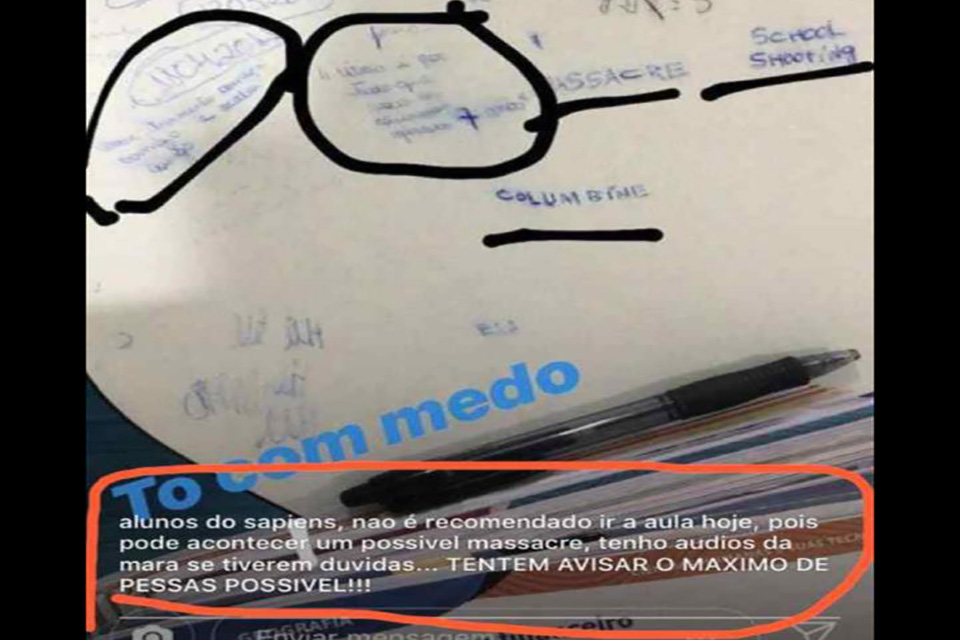 Estudante faz ameaça e menção a massacre e causa pânico em escolar particular em Porto Velho (RO)