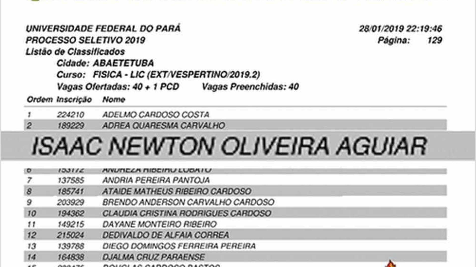 Aprovação de Isaac Newton em curso de Física da UFPA viraliza na web